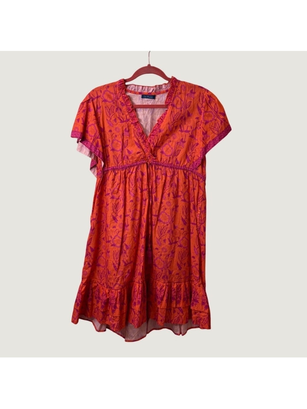 La plague Orange & Pink Floral V-Neck Mini Dress • Sz Large